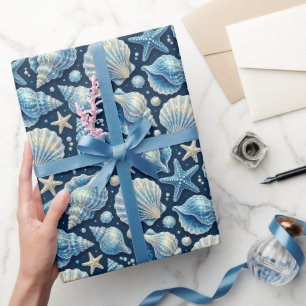 Nautical Seashell Starfish Blue and White Wrapping Paper