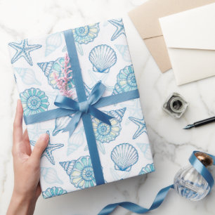 Nautical Seashell Starfish Blue and White Wrapping Paper
