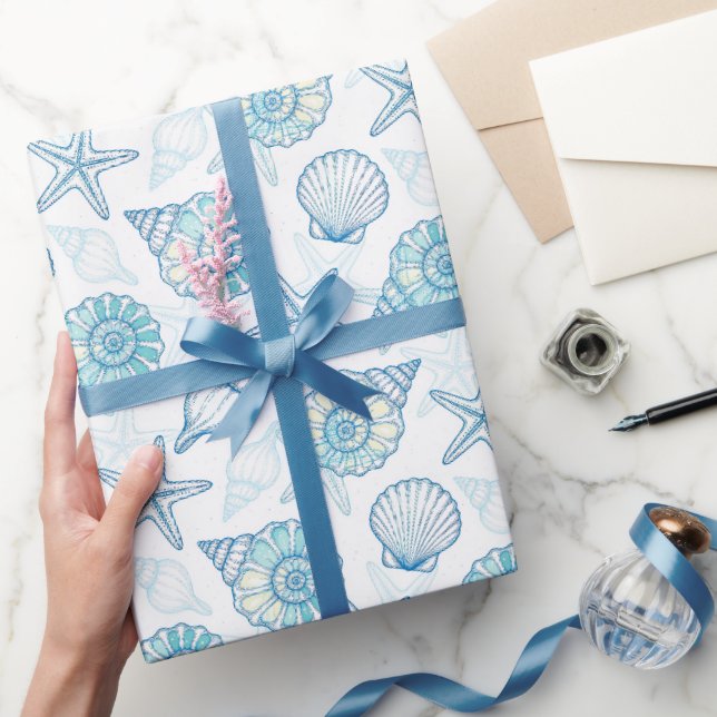 Nautical Seashell Starfish Blue and White  Wrapping Paper (Gifting)