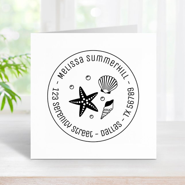 Nautical Seashell Starfish Pearls Round Address Rubber Stamp (Creator Uploaded)