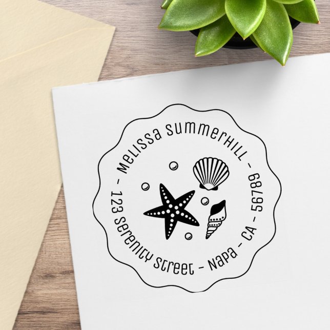 Nautical Seashell Starfish Pearls Wavy Address Rubber Stamp (Creator Uploaded)