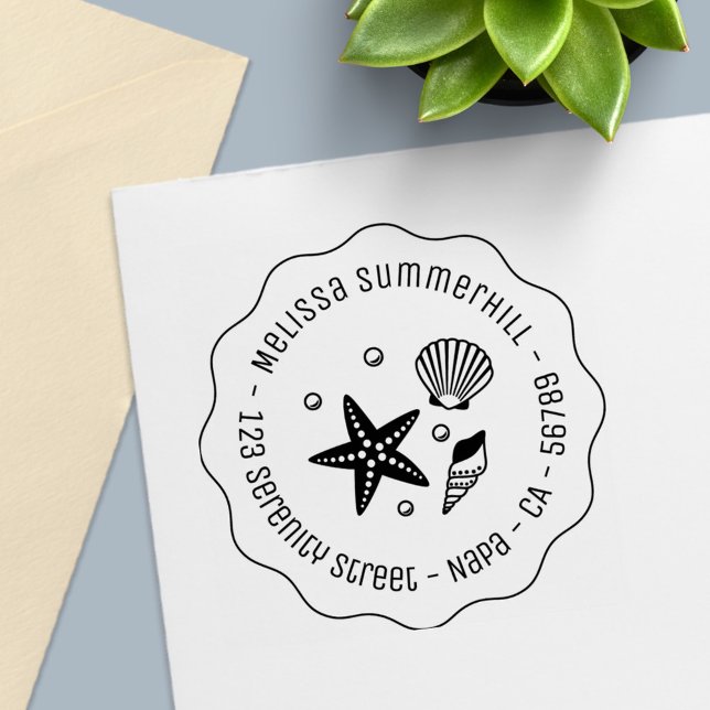 Nautical Seashell Starfish Pearls Wavy Address Self-inking Stamp (Creator Uploaded)