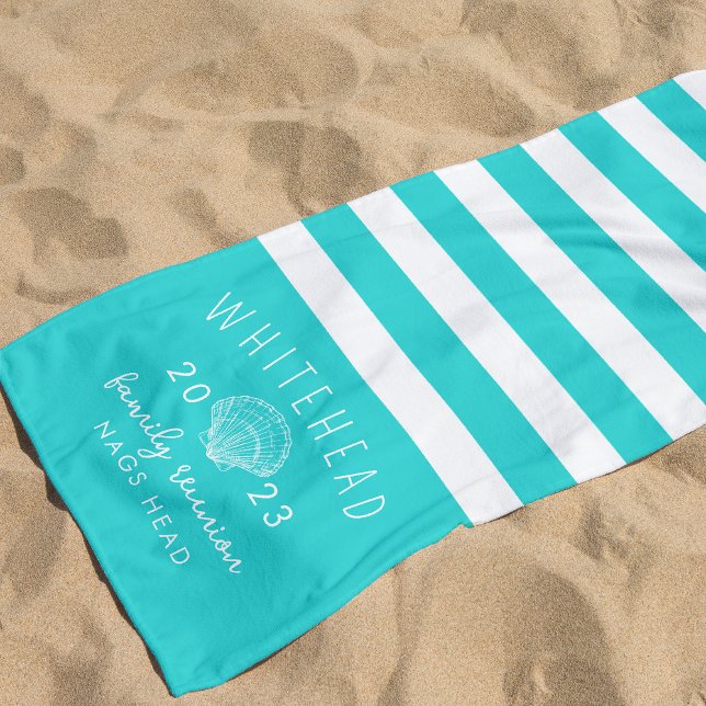 Nautical Seashell Stripe Aqua Blue Monogram Beach Towel (Creator Uploaded)