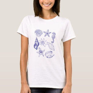 Nautical Seashell t-shirt – Blue Line Art Ocean