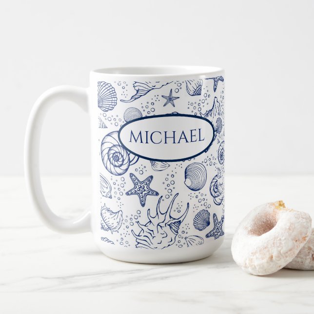 Nautical Seashell Themed Custom Coffee Mug (With Donut)