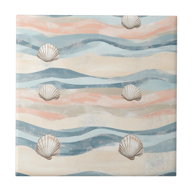 Nautical Seashell Wave Pattern Ceramic Tile (Front)
