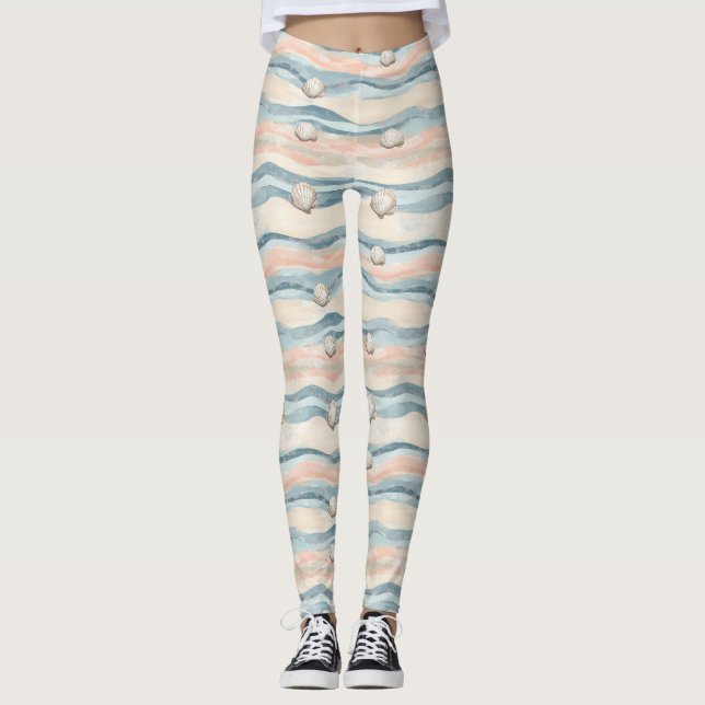 Nautical Seashell Wave Pattern Leggings (Front)