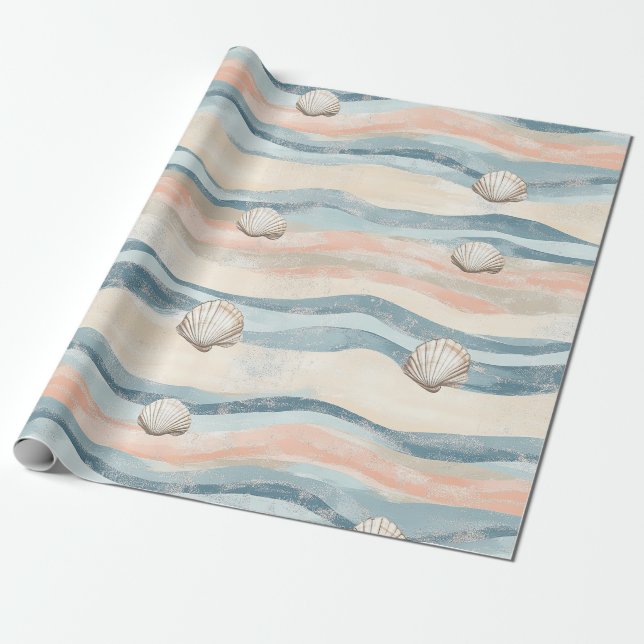 Nautical Seashell Wave Pattern Wrapping Paper (Unrolled)