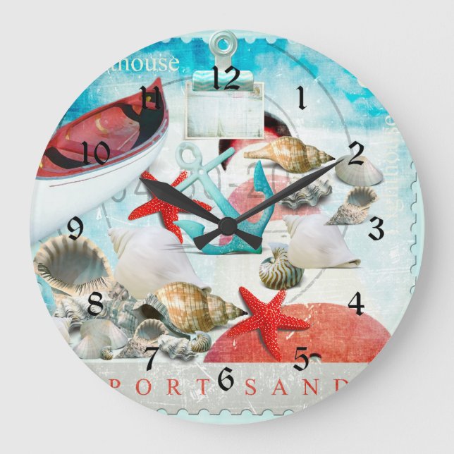 Nautical Seashells Anchor Starfish Beach Theme Large Clock (Front)