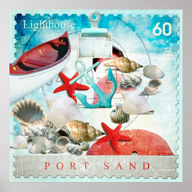 Nautical Seashells Anchor Starfish Beach Theme Poster (Front)