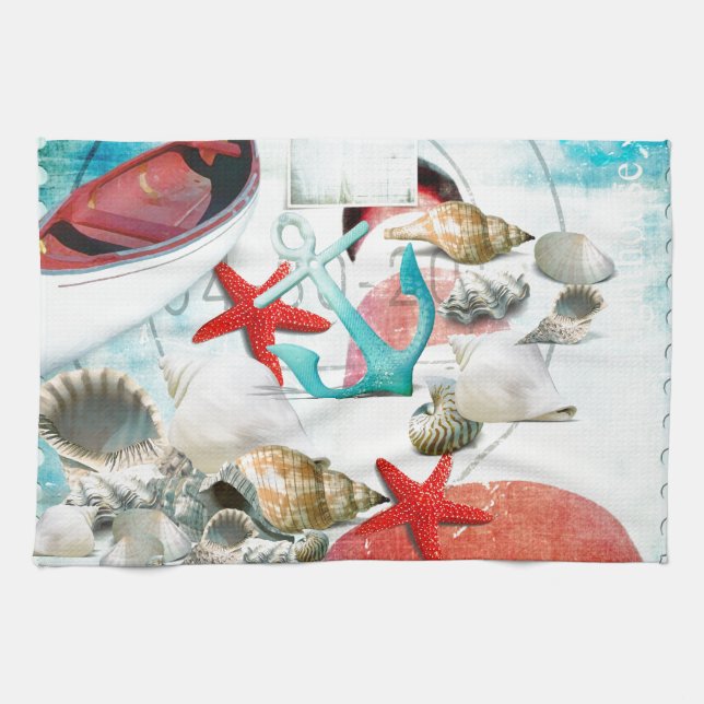 Nautical Seashells Anchor Starfish Beach Theme Tea Towel (Horizontal)