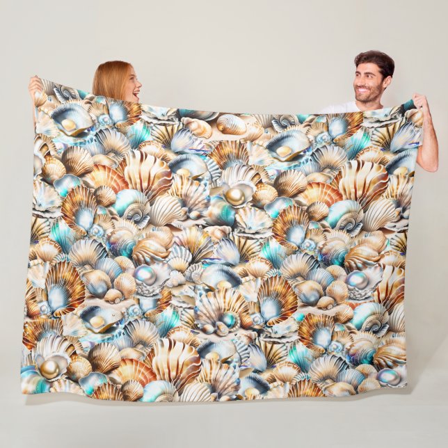 Nautical seashells collage pattern shell chic fleece blanket (In Situ)
