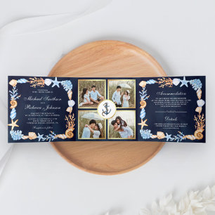 Nautical Seashells Navy Blue Photo Collage Wedding Tri-Fold Invitation