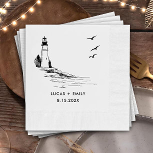 Nautical Seaside Lighthouse Dark Black Wedding Napkin