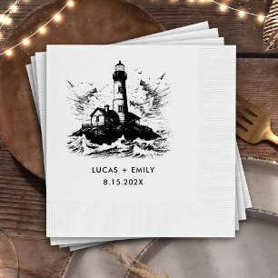 Nautical Seaside Lighthouse Dark Black Wedding Napkin