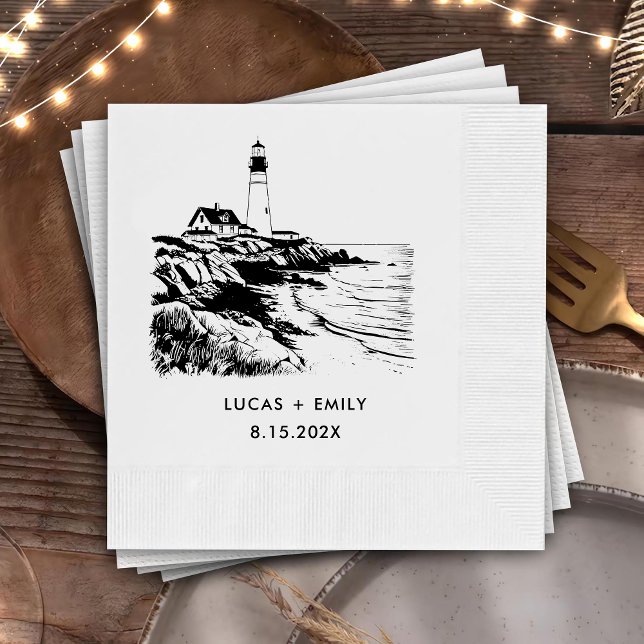 Nautical Seaside Lighthouse Dark Black Wedding Napkin (Creator Uploaded)