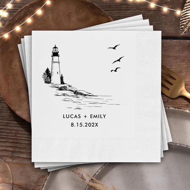 Nautical Seaside Lighthouse Dark Black Wedding Napkin (Creator Uploaded)