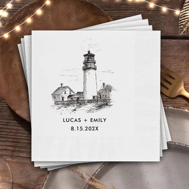 Nautical Seaside Lighthouse Dark Black Wedding Napkin (Creator Uploaded)