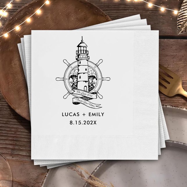 Nautical Seaside Lighthouse Dark Black Wedding Napkin (Creator Uploaded)