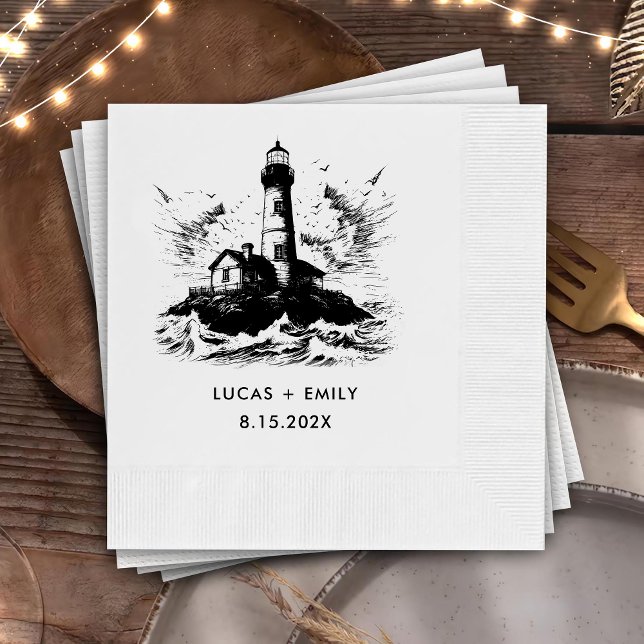 Nautical Seaside Lighthouse Dark Black Wedding Napkin (Creator Uploaded)