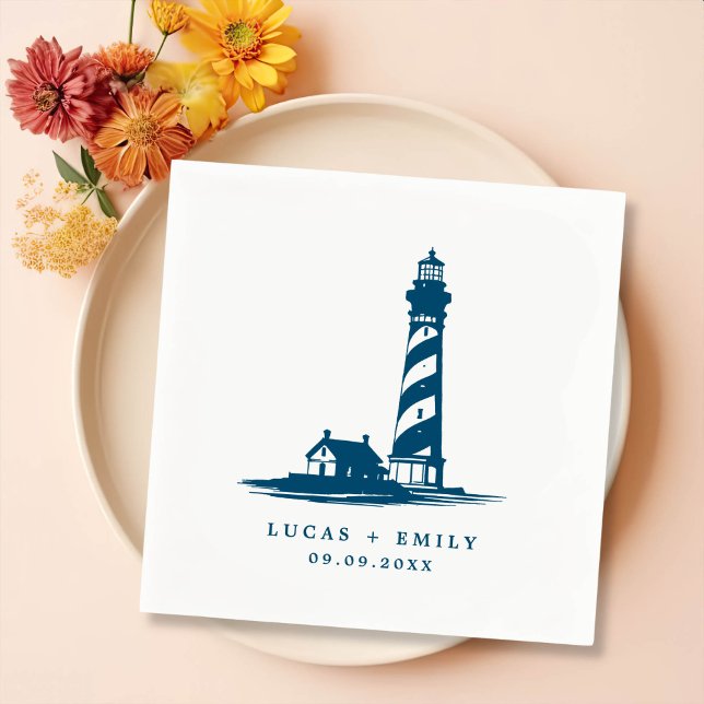 Nautical Seaside Lighthouse Dark Blue Wedding Napkin (Creator Uploaded)