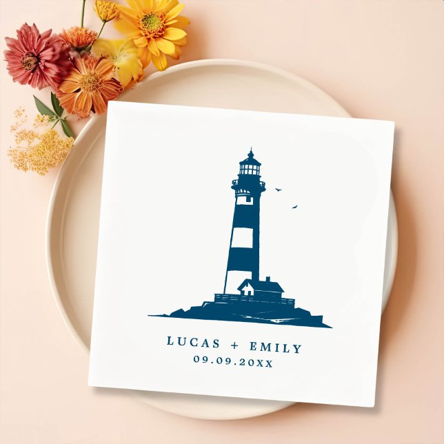 Nautical Seaside Lighthouse Dark Blue Wedding Napkin (Creator Uploaded)