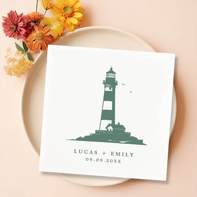 Nautical Seaside Lighthouse Dark Blue Wedding Napkin (Creator Uploaded)