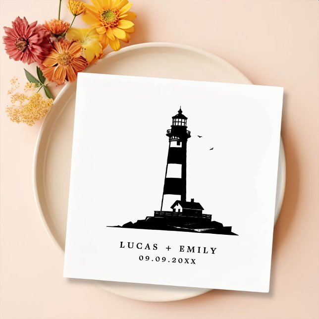 Nautical Seaside Lighthouse Dark Blue Wedding Napkin (Creator Uploaded)