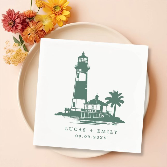 Nautical Seaside Lighthouse Dark Blue Wedding Napkin (Creator Uploaded)