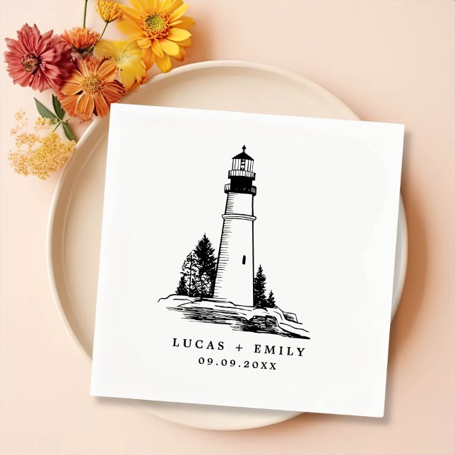 Nautical Seaside Lighthouse Dark Blue Wedding Napkin (Creator Uploaded)
