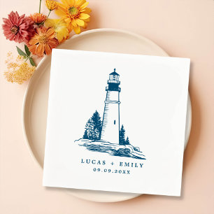 Nautical Seaside Lighthouse Dark Blue Wedding Napkin