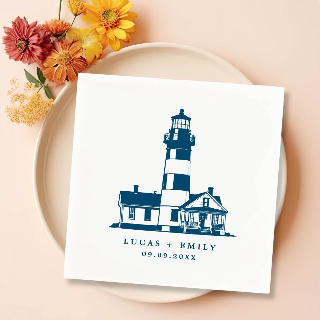 Nautical Seaside Lighthouse Dark Blue Wedding Napkin (Creator Uploaded)