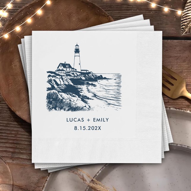 Nautical Seaside Lighthouse Dark Blue Wedding Napkin (Creator Uploaded)