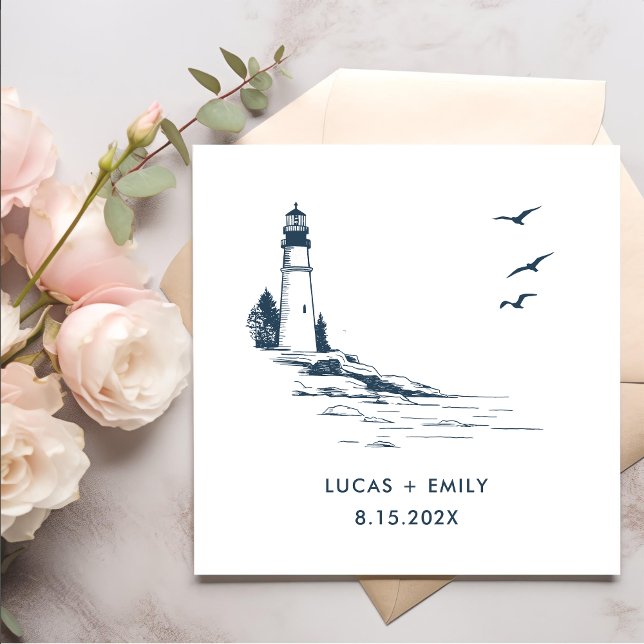 Nautical Seaside Lighthouse Dark Blue Wedding Napkin (Creator Uploaded)