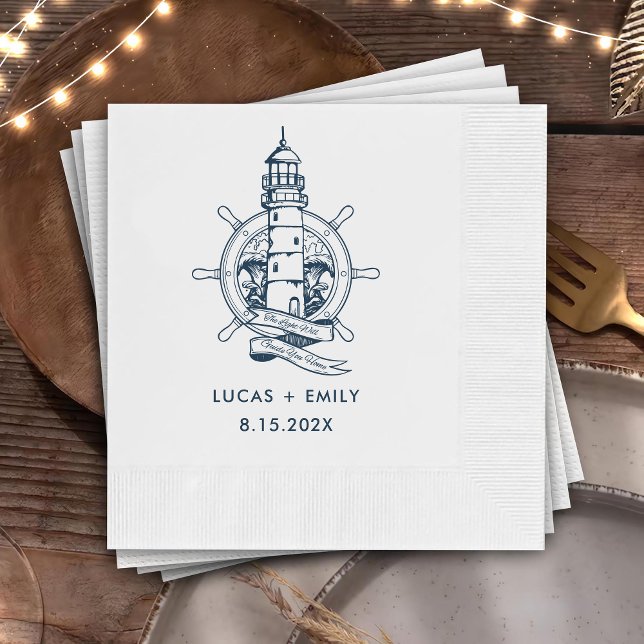 Nautical Seaside Lighthouse Dark Blue Wedding Napkin (Creator Uploaded)