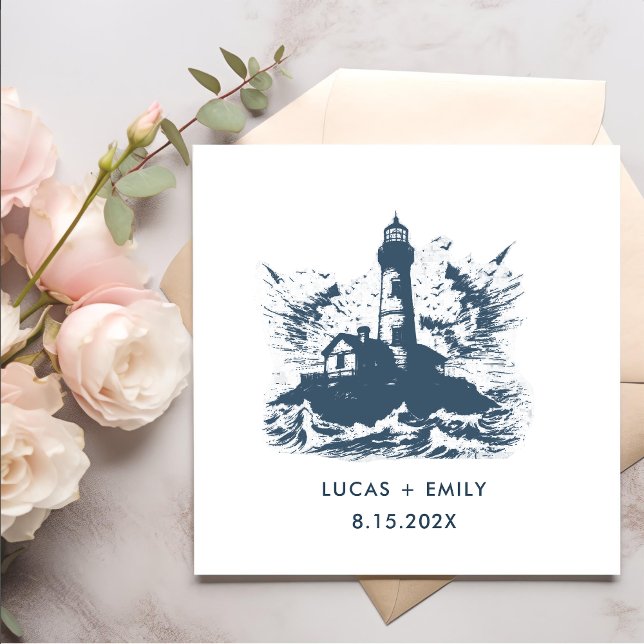 Nautical Seaside Lighthouse Dark Blue Wedding Napkin (Creator Uploaded)