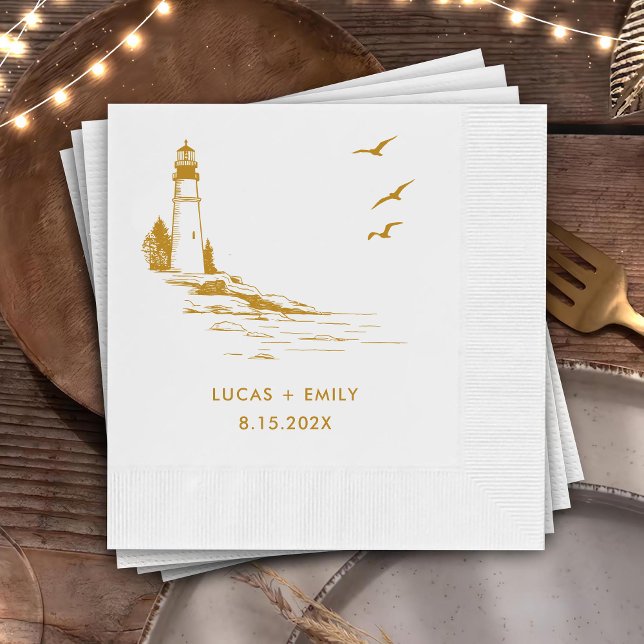 Nautical Seaside Lighthouse Gold Wedding Napkin (Creator Uploaded)