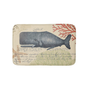 Nautical Seaside Vintage Blue Whale Collage Bath Mat