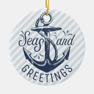 Nautical SEAsons Greetings Blue and White Photo Ceramic Ornament