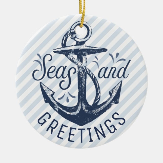 Nautical SEAsons Greetings | Blue and White Stripe Ceramic Ornament (Front)