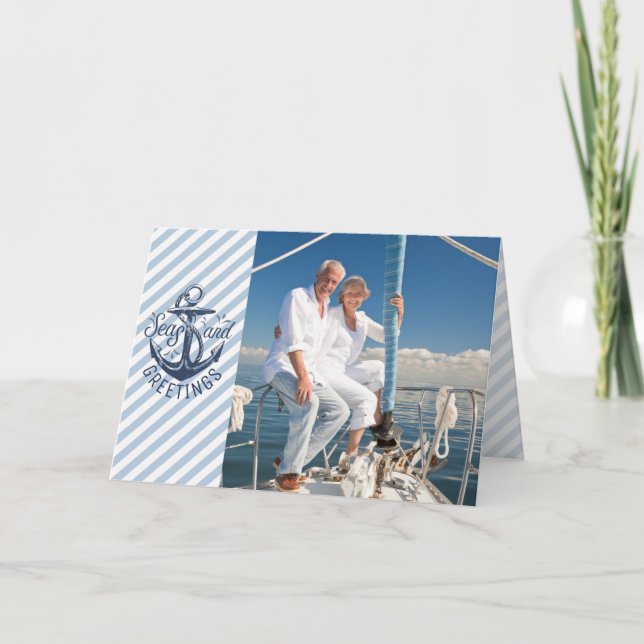 Nautical SEAson's Greetings, Navy Anchor & Stripes Holiday Card (Front)