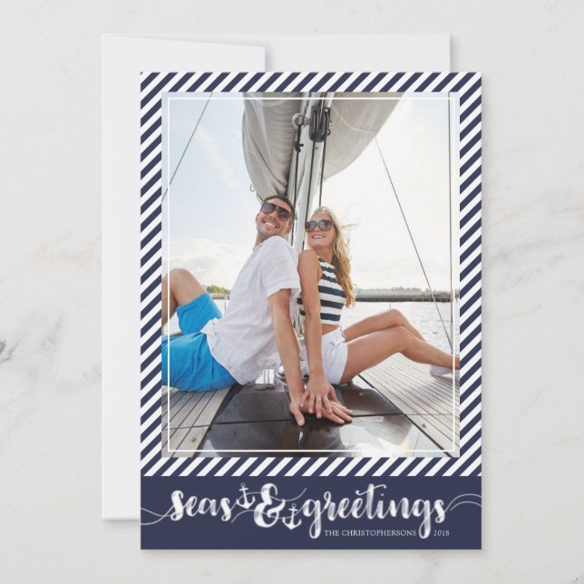 Nautical SEAsons Greetings | Navy Stripes Anchors Holiday Card (Front)