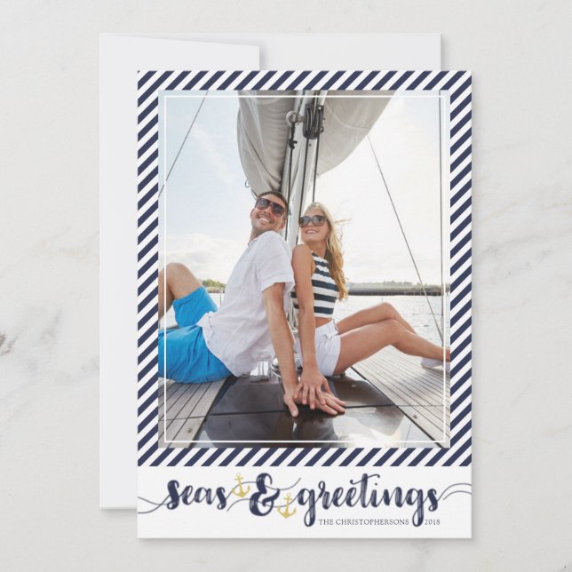 Nautical SEAsons Greetings | Stripes Gold Anchors Holiday Card (Front)
