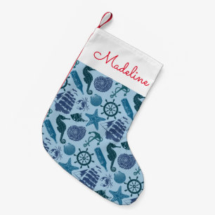 Nautical Shades Of Blue Pattern Add Your Name Small Christmas Stocking