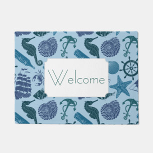 Nautical Shades Of Blue Pattern Add Your Text Doormat