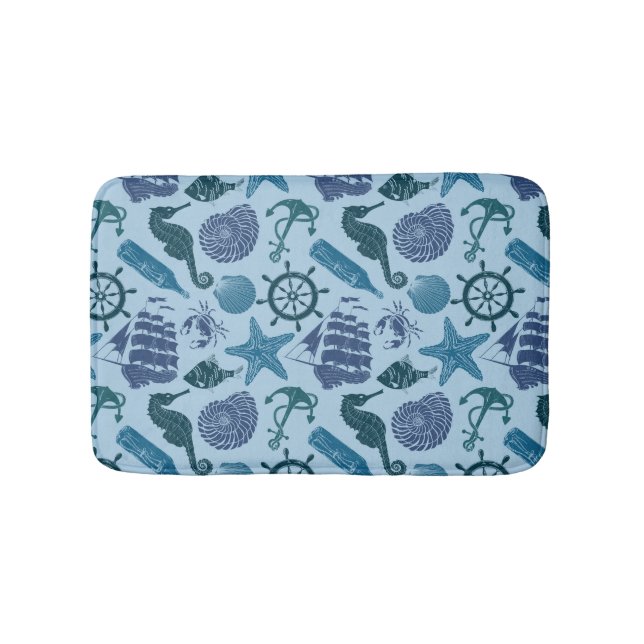 Nautical Shades Of Blue Pattern Bath Mat (Front)