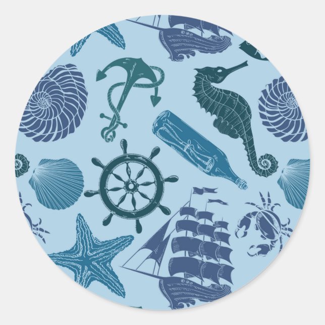 Nautical Shades Of Blue Pattern Classic Round Sticker (Front)