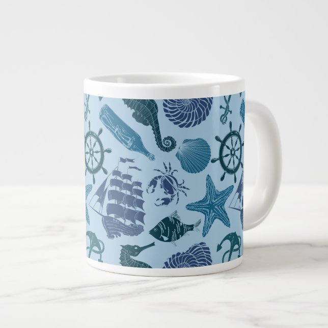 Nautical Shades Of Blue Pattern Large Coffee Mug (Front Right)