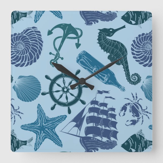 Nautical Shades Of Blue Pattern Square Wall Clock (Front)