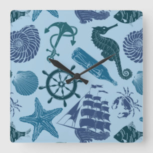 Nautical Shades Of Blue Pattern Square Wall Clock